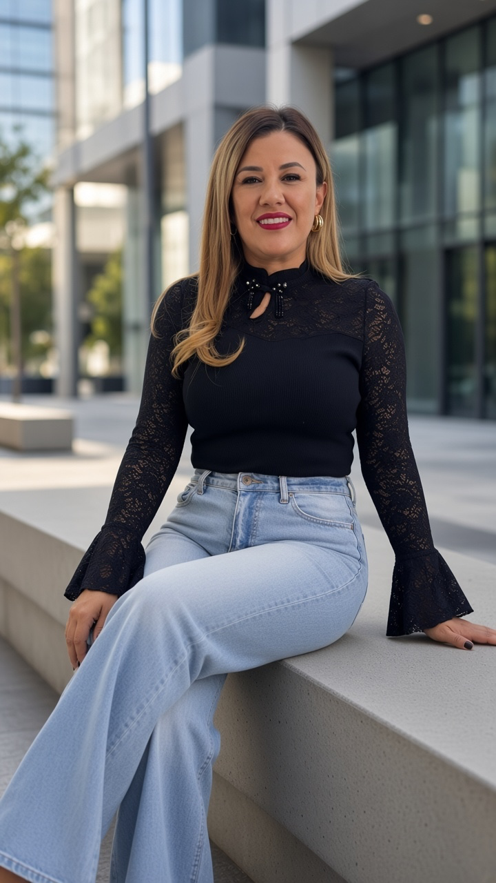 Blusa Negra de Manga Larga con Las Mangas y Parte Superior de Encaje